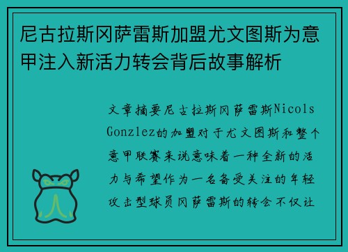 尼古拉斯冈萨雷斯加盟尤文图斯为意甲注入新活力转会背后故事解析