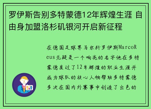 罗伊斯告别多特蒙德12年辉煌生涯 自由身加盟洛杉矶银河开启新征程